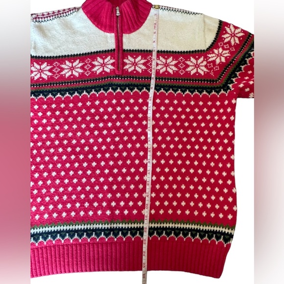 Vtg Lands End Nordic Fair Isle Red Snowflake Quarter Zip Sweater Cotton & Wool - Picture 4 of 10